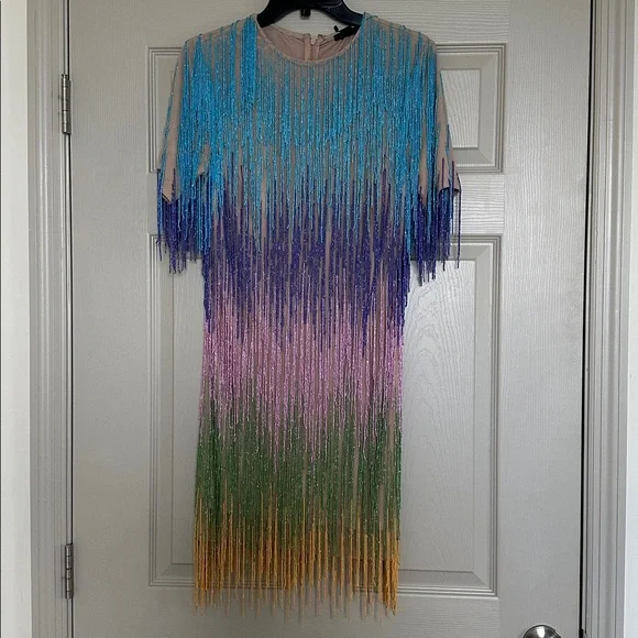 NWT Nasty Gal Rainbow Tassel Fringe Shift Dress - Picture 5 of 16